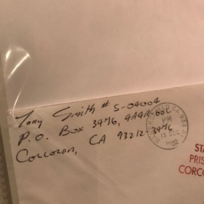 Tony Smith handwritten letter envelope from Corcoran Prison from 2002