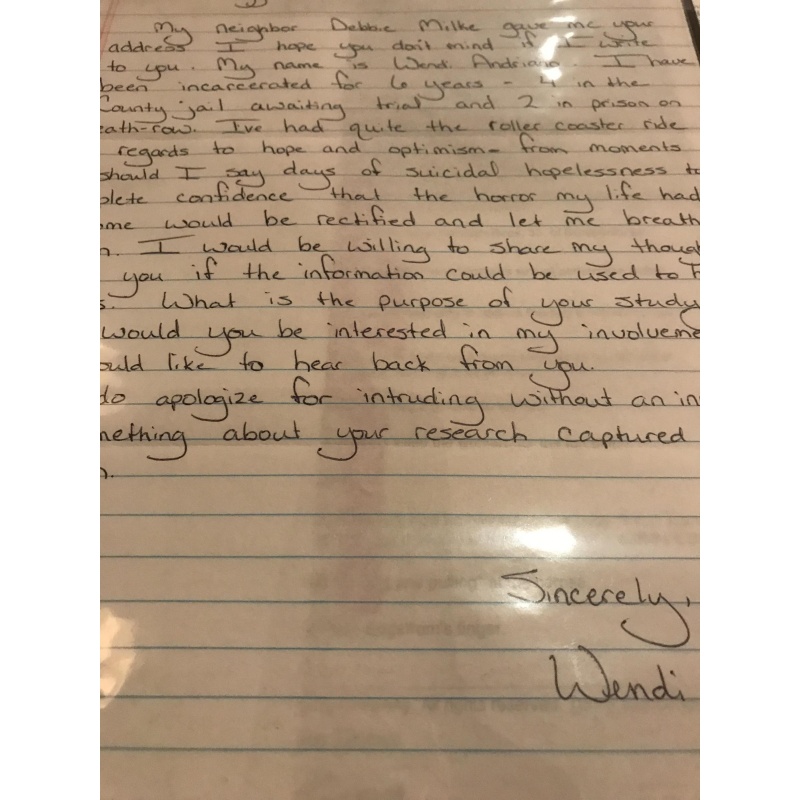 Wendi Adriano handwritten page signed Wendi from 2006