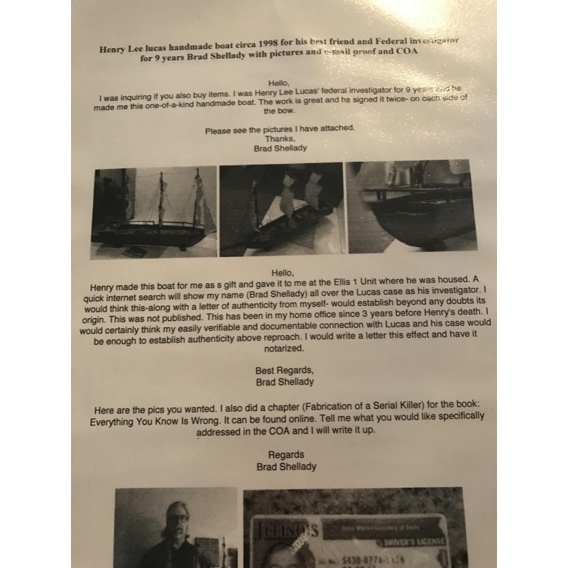 Deceased - Henry Lee Lucas 32 inches crafted wooden boat from Huntsville Texas from 1998 - published in Confession of a Killer