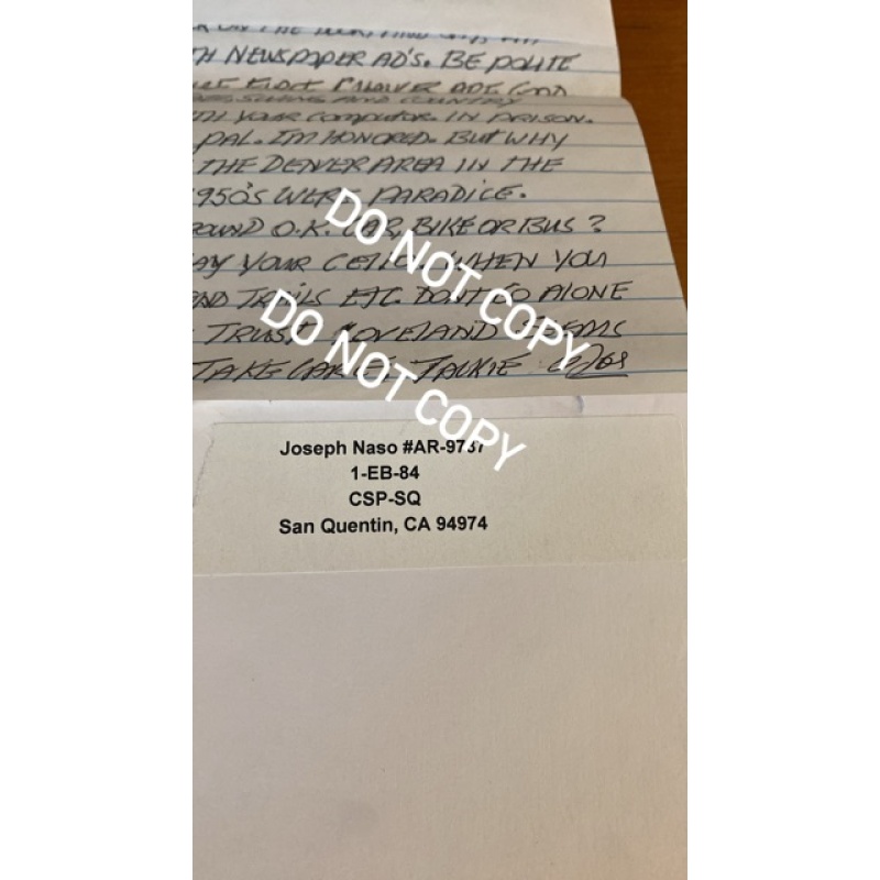 Convicted serial killer Joe Naso handwritten letter envelope set with black and white photo with handwriting on back