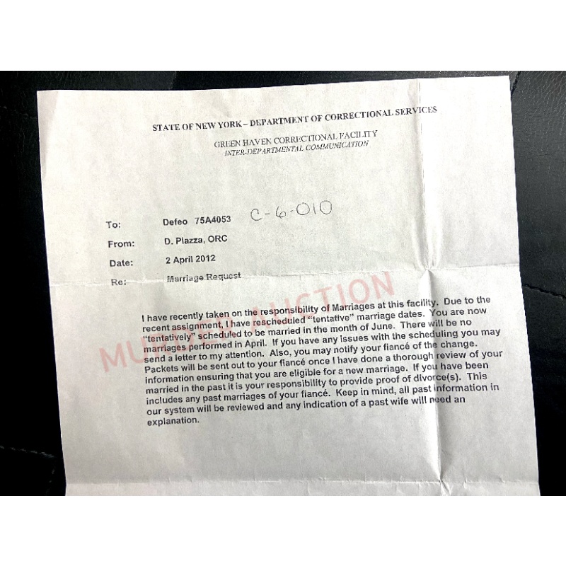 RONALD DEFEO “Amityville Horror Murders” MARRIAGE REQUEST STATE PRISON REPLY TO DEFEO - ORIGINAL SENT TO HIM