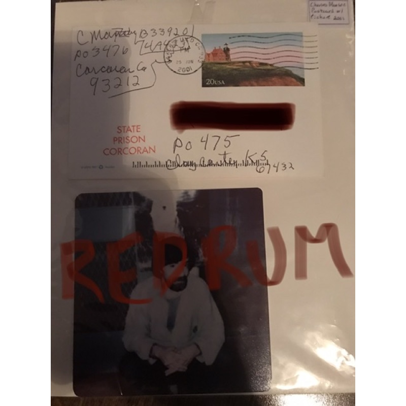 Deceased - Charles Manson postcard from Corcoran State Prison 2001