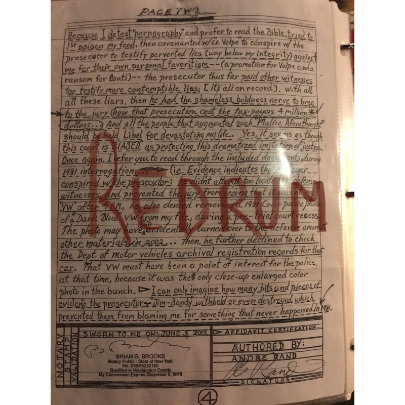 Andre Rand important 4 pages notorized document signed and dated from 2012