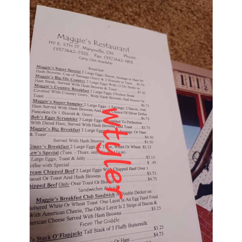 Nathan Gale Dimebag Darrell Alrosa Villa Maggie's Restaurant Menu from Dec. 2004 Damageplan