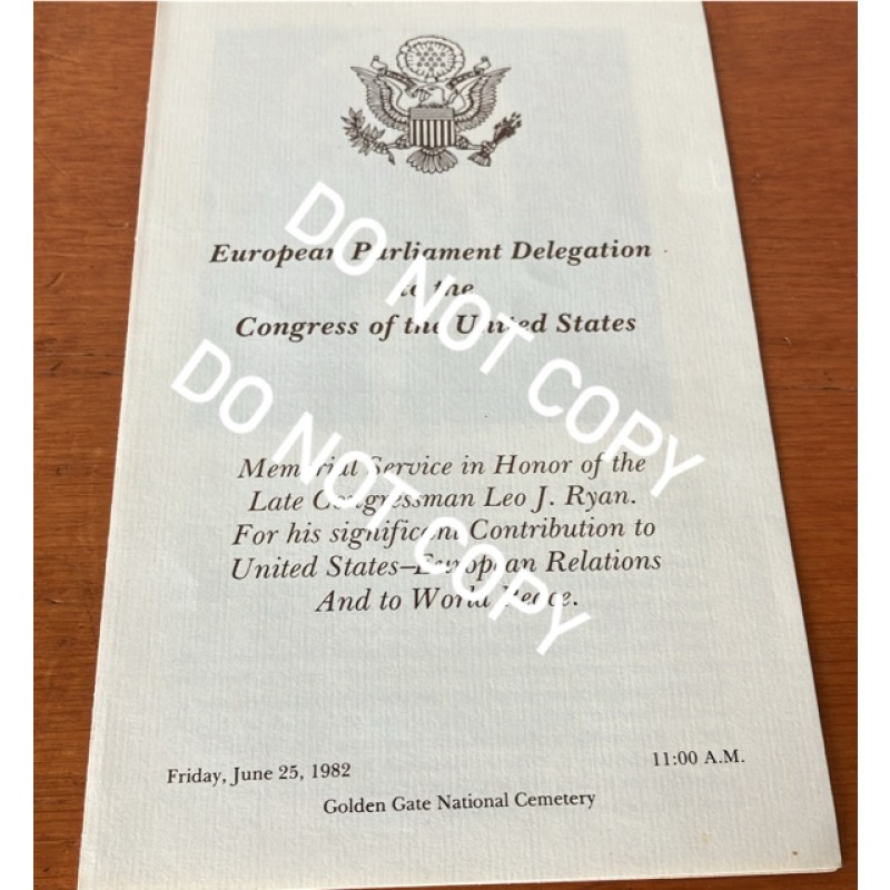 Original memorial service pamphlet for Congressman Leo Ryan, assassinated in Jonestown