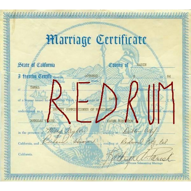 Deceased - Douglas Clark original signed marriage certificate from October 1984