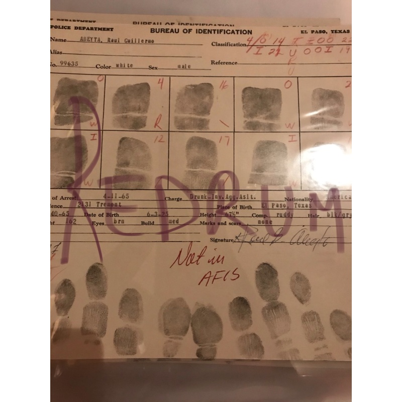 Guillermo Abeyta original fingerprint chart El Paso Texas 1965