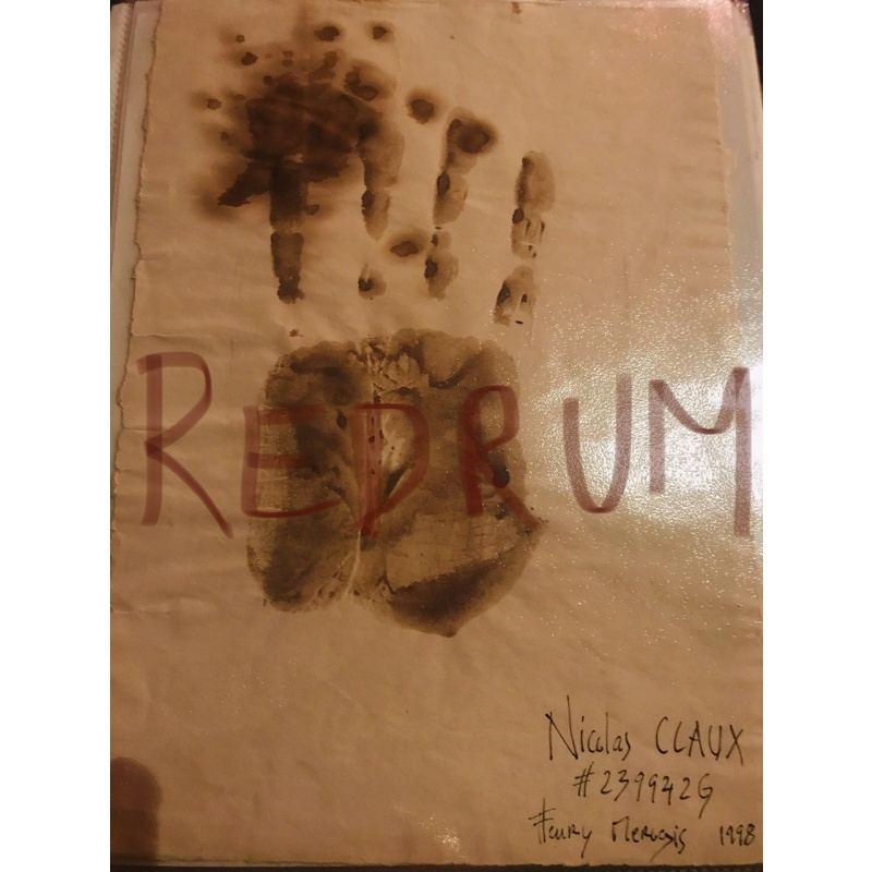 Nicolas Claux blood pact handprint on old papyrus paper from 1998