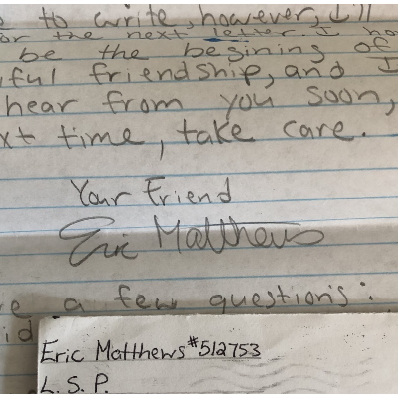 ERIC MATTHEWS SERIAL KILLER HANDWRITTEN LETTER/ENVELOPE SET