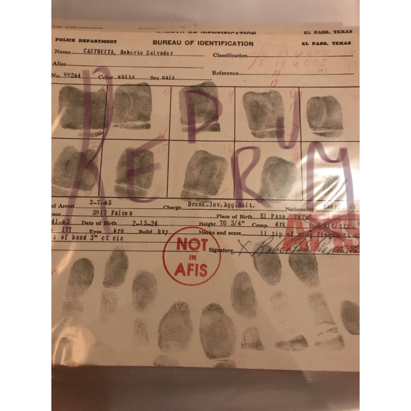 Roberto Castruita original fingerprint chart El Paso Texas from 1965