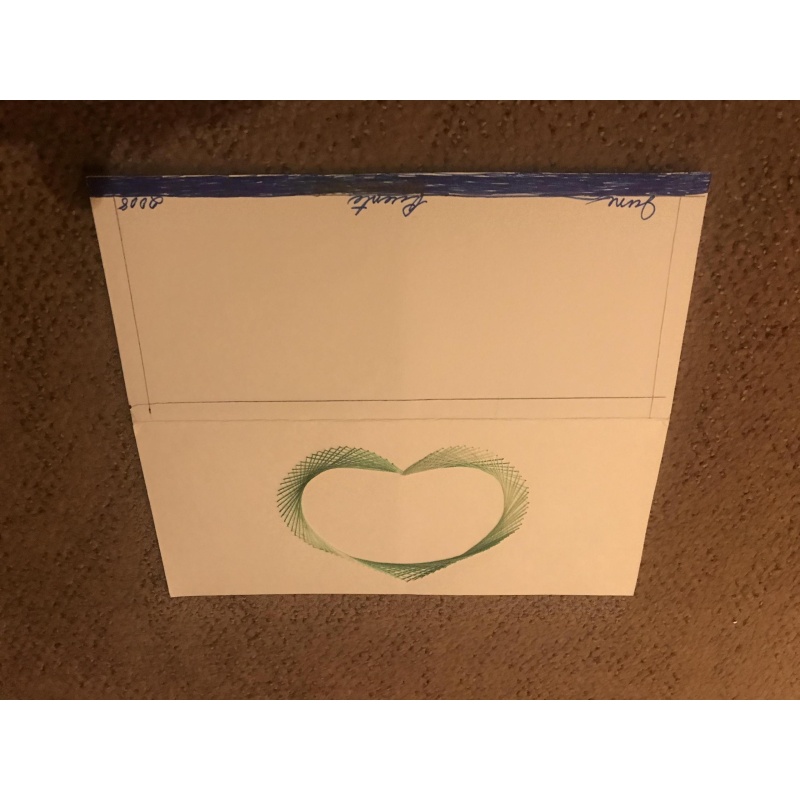 Dorothea Puente Prison string artwork card with green fibers making a heart shape from 2008