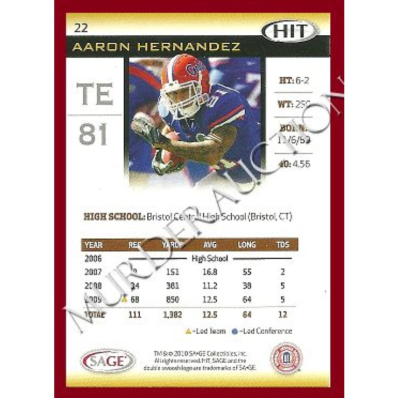 Aaron Hernandez 2010 Sage Hit football card #22 DECEASED