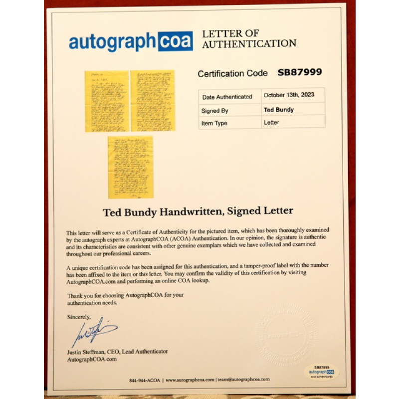 3 LETTERS FROM TED BUNDY  3 PAGE HANDWRITTEN  VERY PERSONEL LETTER  & 2 TYPEWRITTEN & SIGNED letters from Ted Bundy.. "Added better  Photos & lowered price"  "AUTHENTICATED" COA -Each letter has been Individually Authenticated W/ serial # to check on