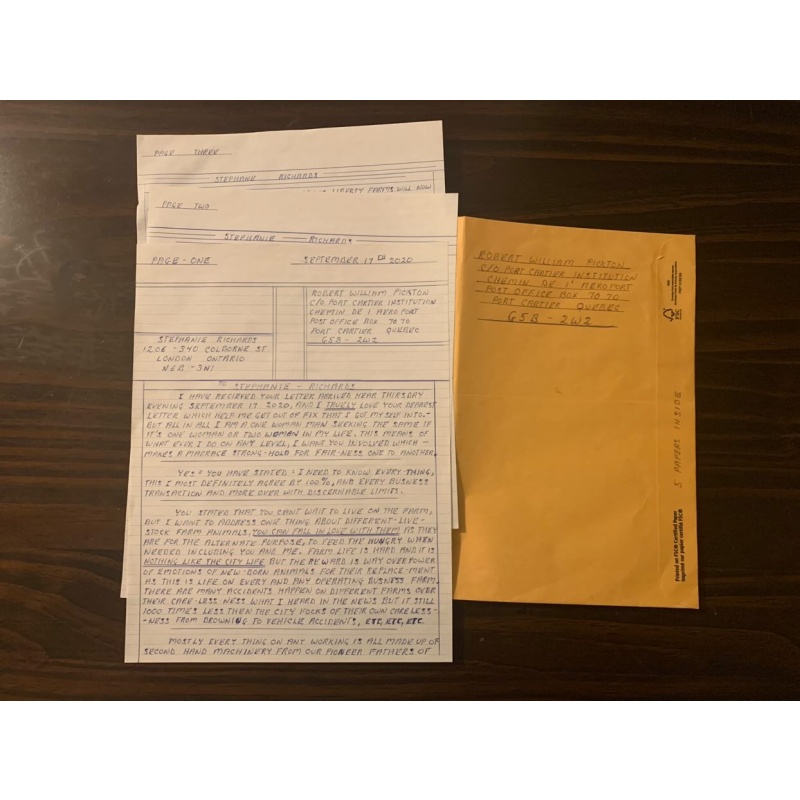 Robert Pickton "The Pig Farmer Killer" (Deceased) Three Page Letter and Large Envelope