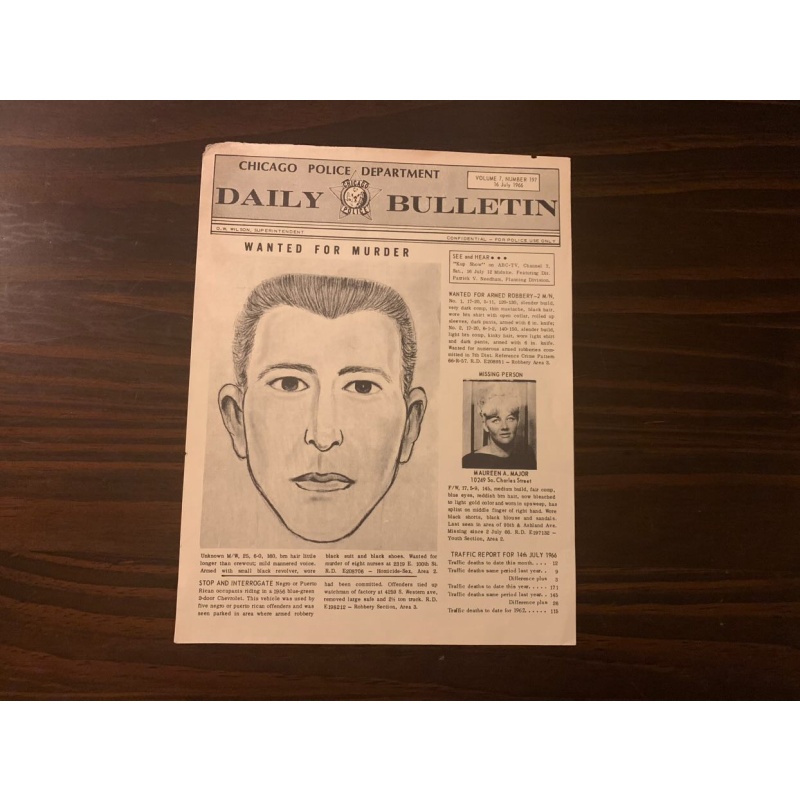 Original Richard Speck Wanted Chicago Police Department Daily Bulletin Poster