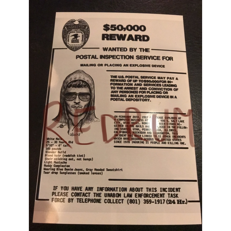 Unabomber wanted by the postal inspection service 4 x 6 poster photograph