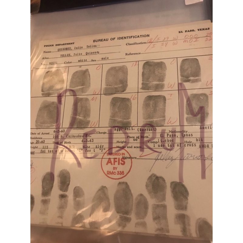 Julio Quinonez original fingerprint chart El Paso Texas 1963