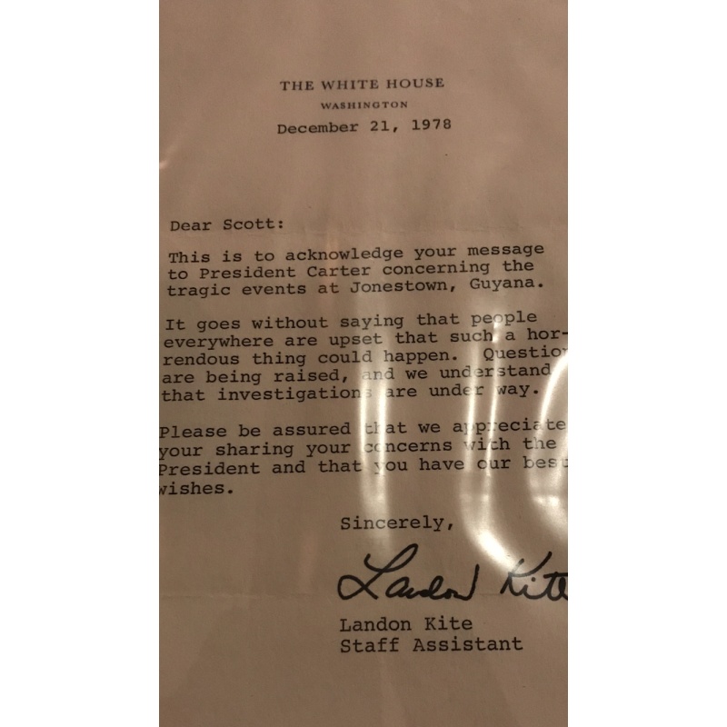 Jim Jones Guyana Massacre original White House letter from December 1978