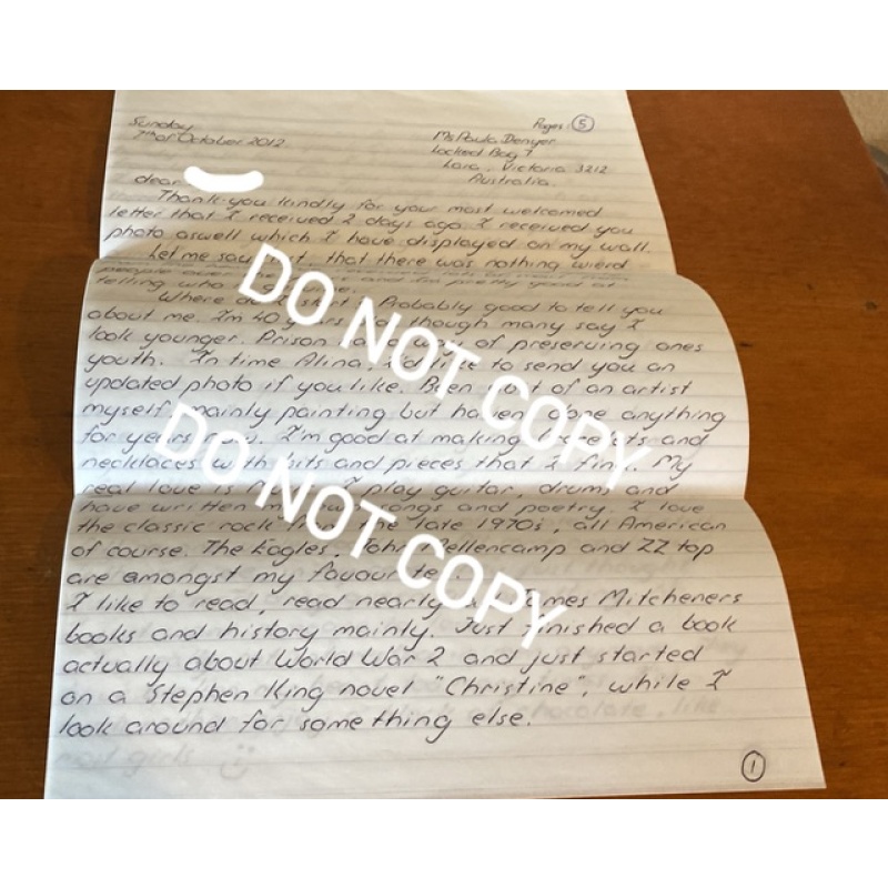 Convicted Australian serial killer Paula Denyer handwritten 5 page letter