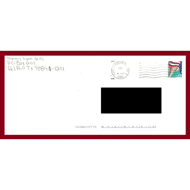 Tommy Lynn Sells letter/envelope 5/9/2000 EXECUTED