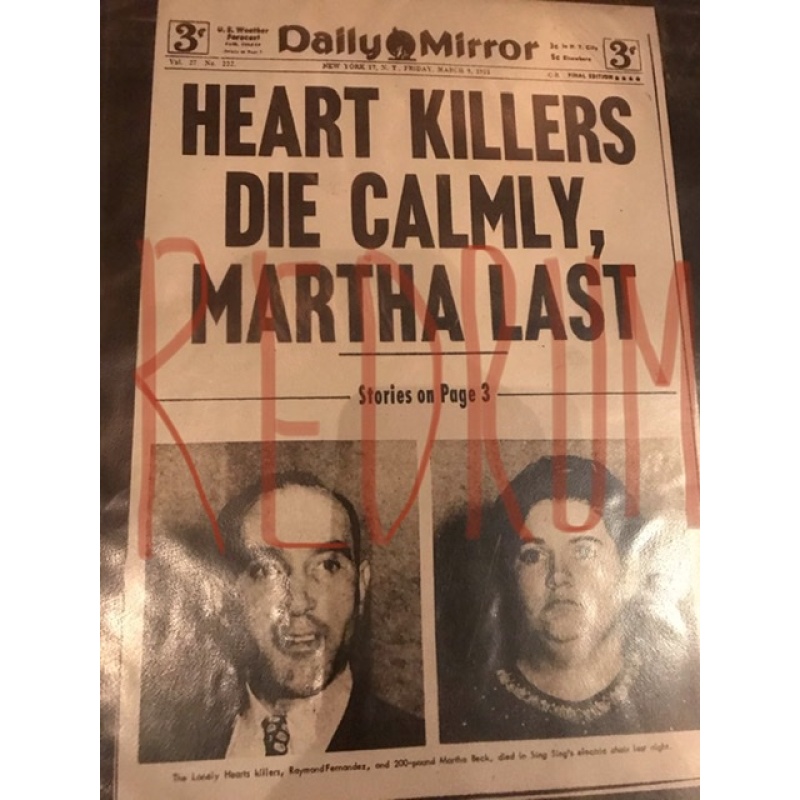 The Lonely Heart Killers 6.75 x 10 modern print of the front page from 1951