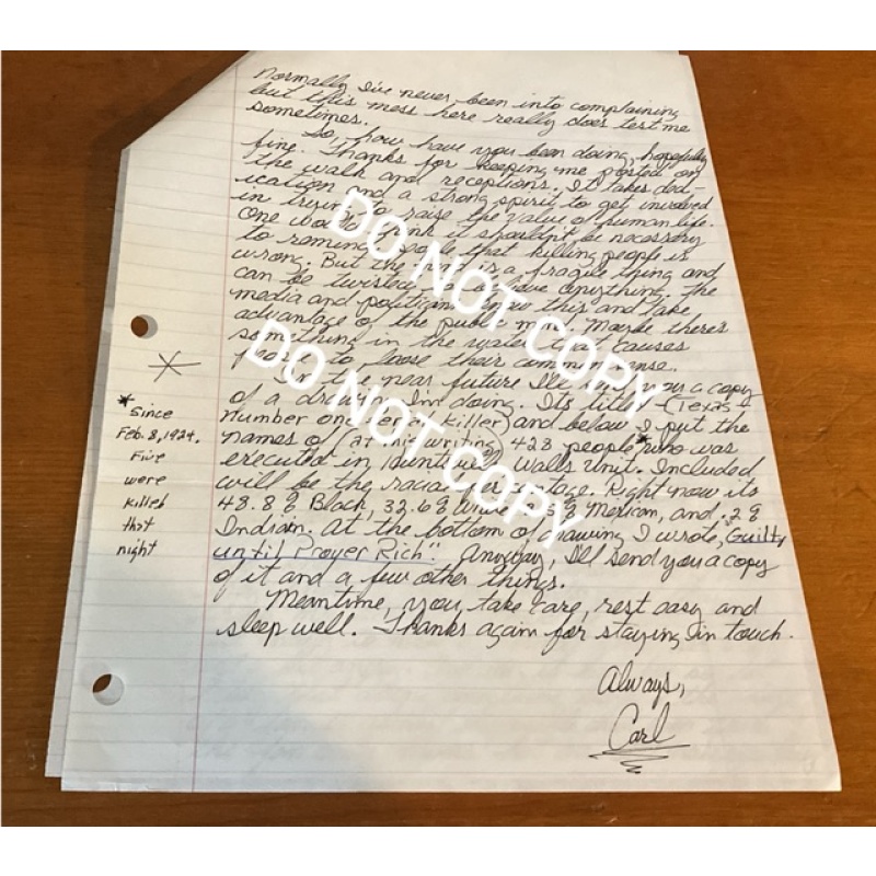 Deceased convicted triple murderer Carl Napier handwritten letter