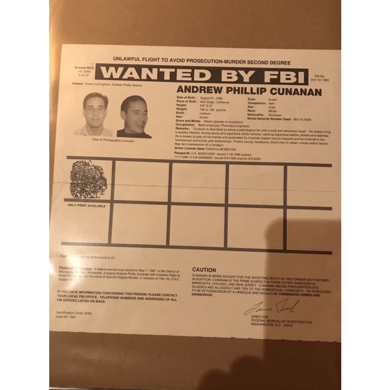 Wanted by the FBI original 8 x 8 poster Andrew Cunanan from 1997