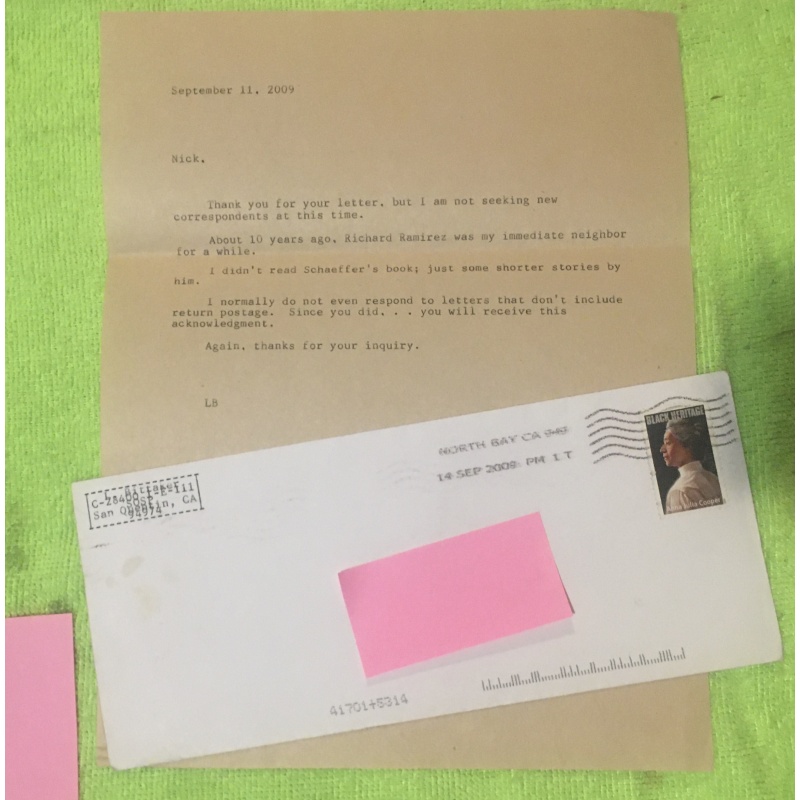 Lawrence Bittaker Letter (September 11, 2009) & Envelope