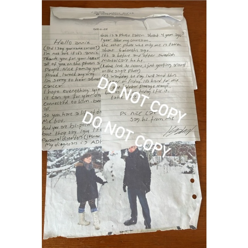 RELEASED convicted Swedish murderer/cannibal isakin jonsson handwritten 2 page letter envelope set with photo