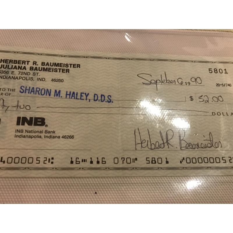 Herbert Baumeister original signed check to his dentist from 1990