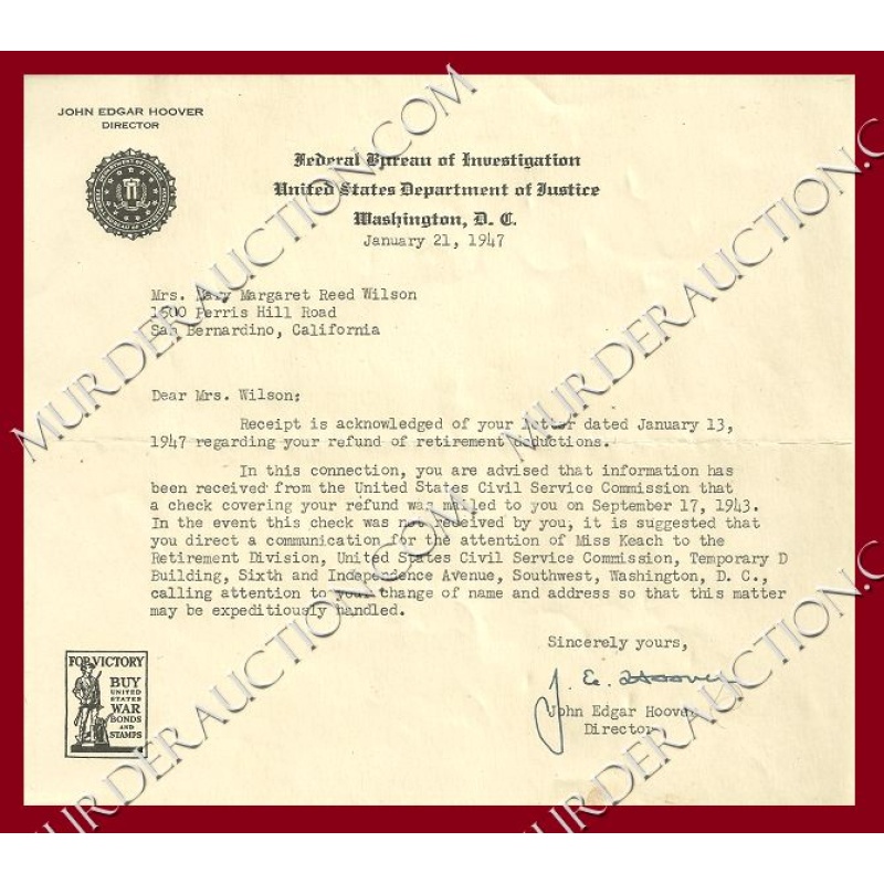 J. Edgar Hoover letter/envelope 1/21/1947 DECEASED