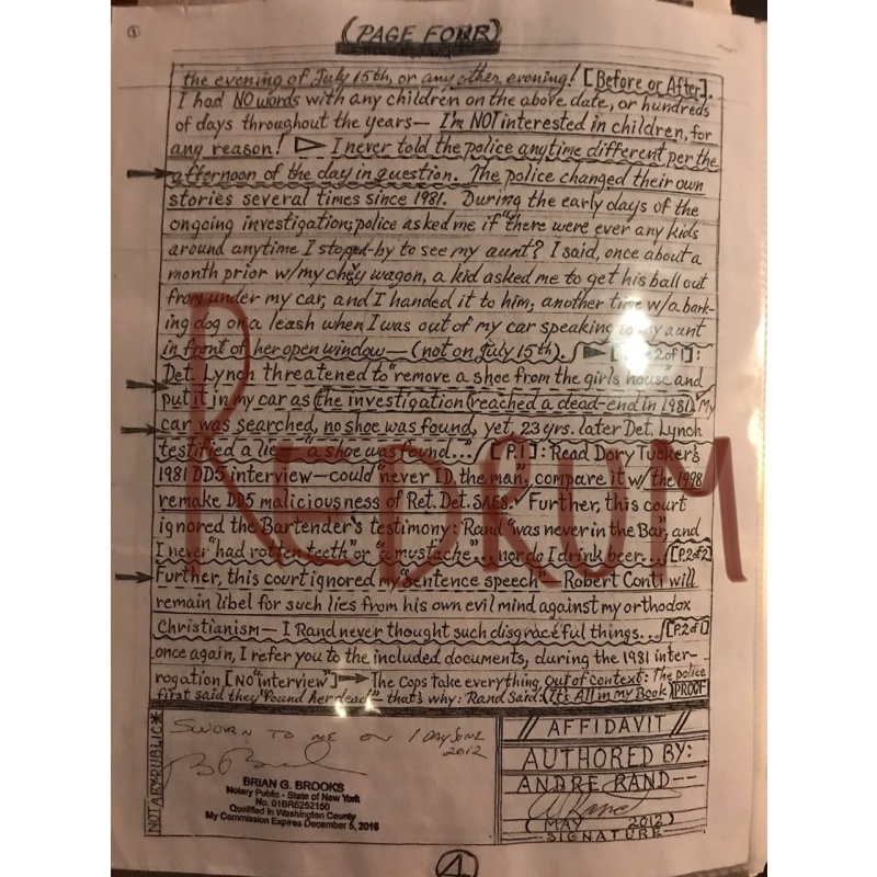 Andre Rand important 4 pages notorized document signed and dated from 2012