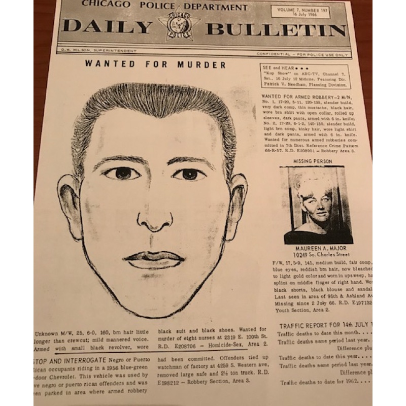 Richard Speck Reprinted Chicago Police Department Daily Bulletin Wanted for Murder poster from 1966