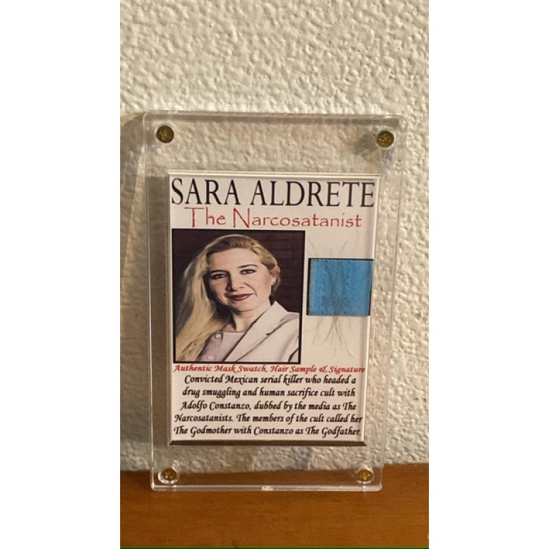 Convicted Mexican serial killer Sara Aldrete prison used face mask swatch hair and cut signature collector card