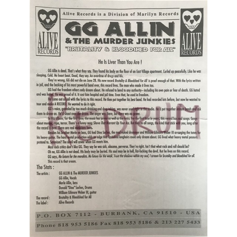 GG Allin memorial fan club 2 pages originally sent by John Gacy in 1993