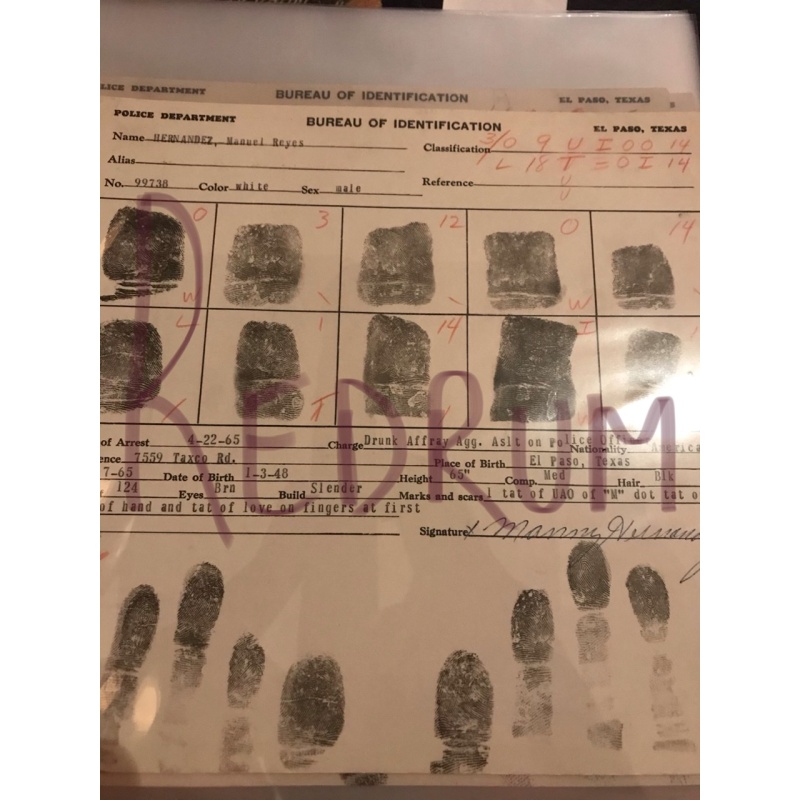 Manuel Hernandez original fingerprint chart El Paso Texas from 1965