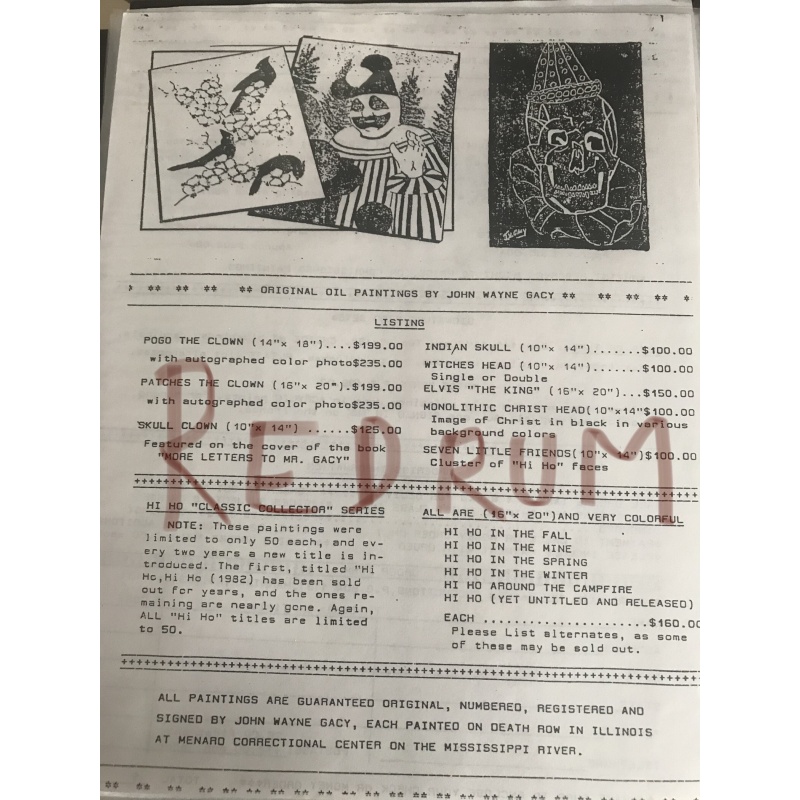 John Wayne Gacy 2 pages painting list advertising to order from 1990