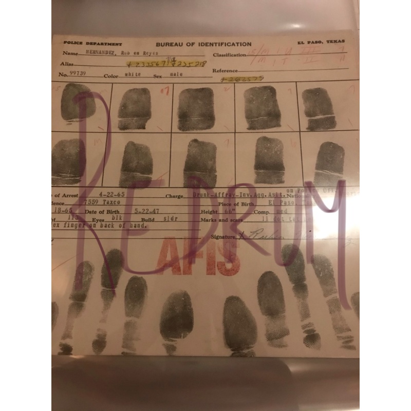 Even rAmos Estrada original fingerprint chart El Paso Texas from 1965