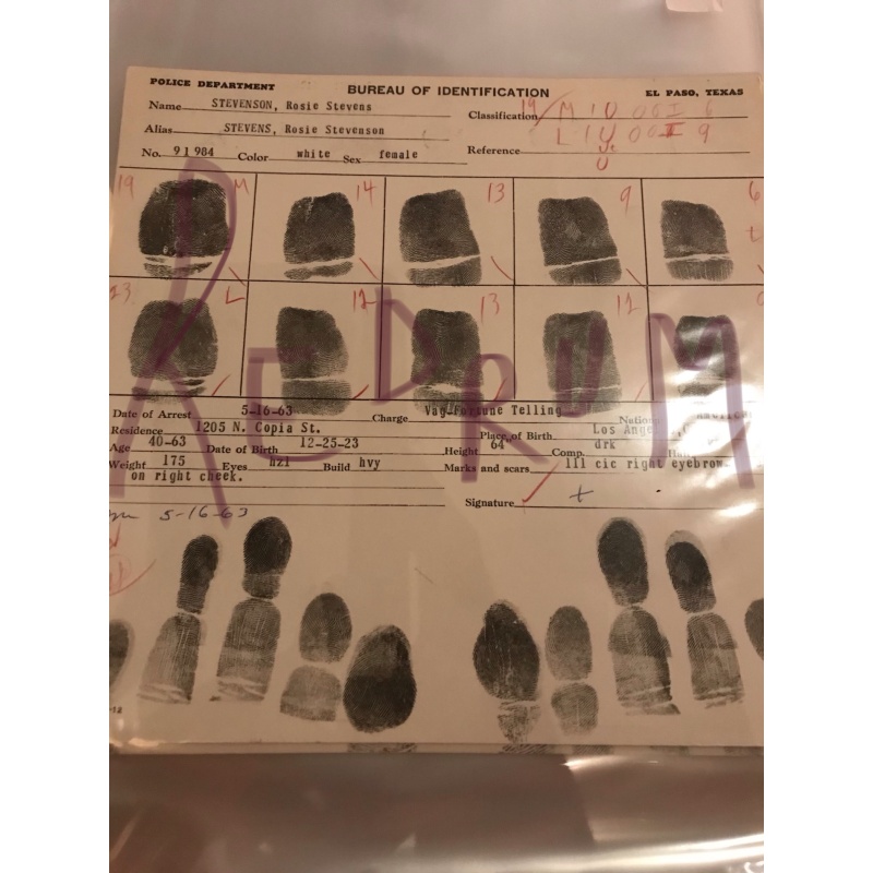 Rosie Stevenson original fingerprint chart El Paso Texas 1963