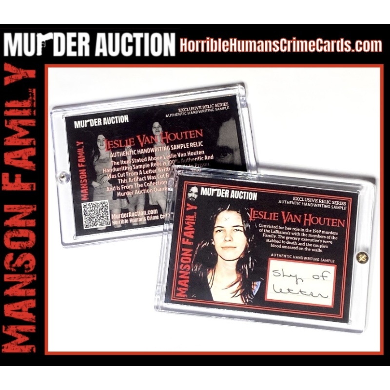 Leslie Van Houten Authentic Handwriting Sample Relic Card In Collector’s Case MURDER AUCTION RELIC SERIES Details, COA QR Code & Numbered Back