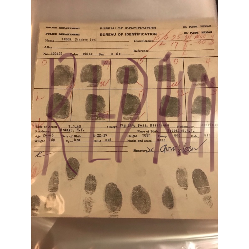 Joel Lebow original fingerprint chart El Paso Texas from 1965