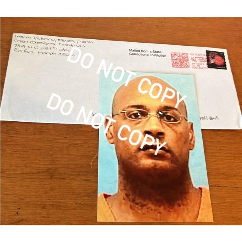 Convicted mass murderer Troy Victorino handwritten envelope prison photo and handmade card set, signed Troy