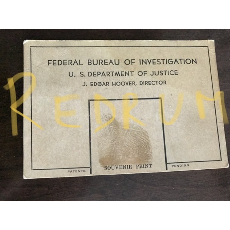 J. Edgar Hoover Federal Bureau of Investigation U.S Department of justice  rare thumbprint on 3 x 5  from 1936