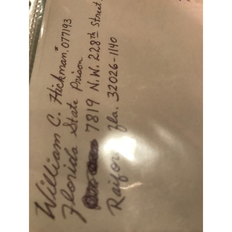 William C. Hickman handwritten envelope with 7 lines penned by him from 2002