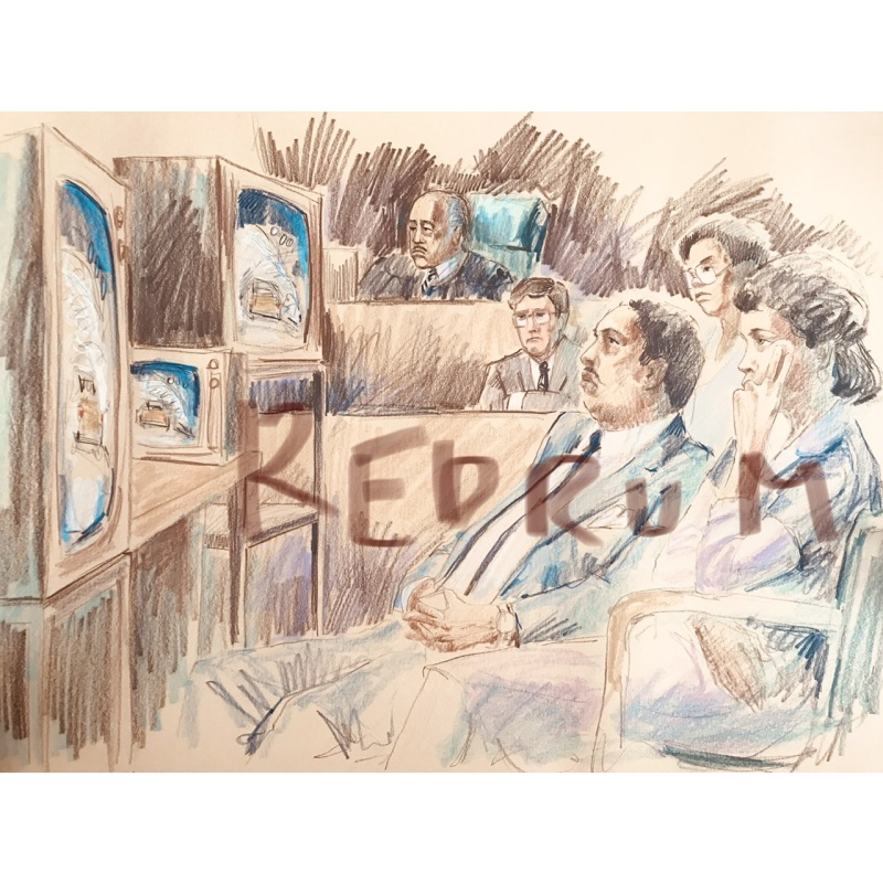 John Hinckley original 17.5 x 23 court sketch with jurors watching the movie taxi from 1982