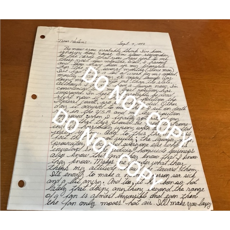 Deceased convicted triple murderer Carl Napier handwritten letter