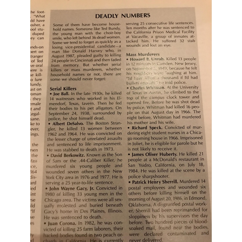 Serial killers a study of murder by numbers 8 pages article from 1970’s