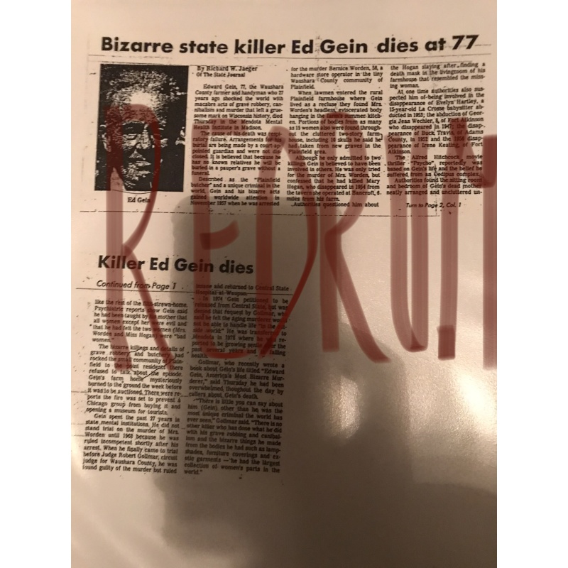 Edward Gein 24 clippings on 15 pages black and white copies 1950’s to 1980’s