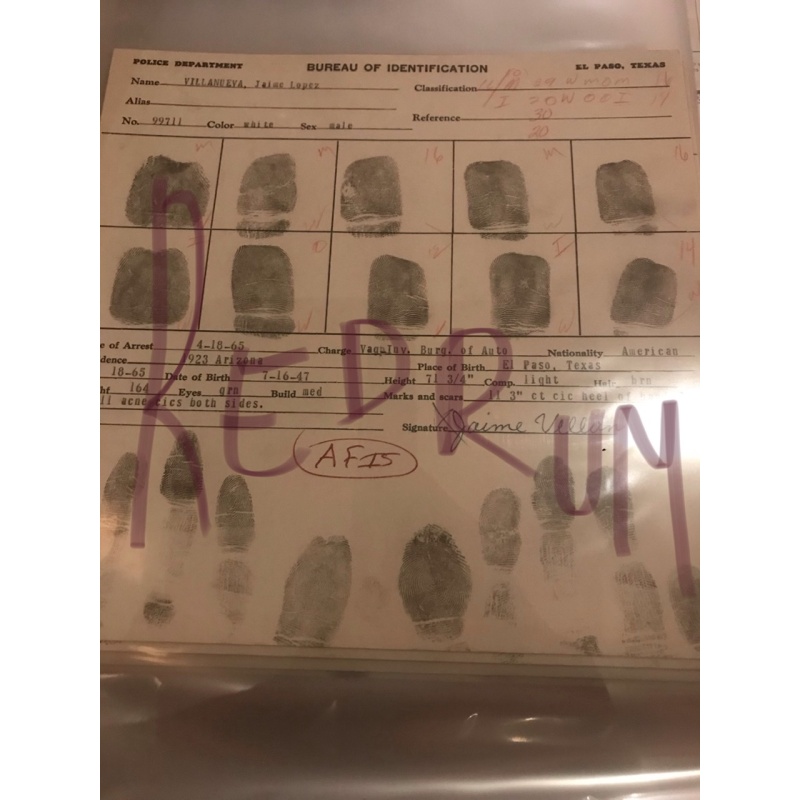 Jamie Lopez Villanueva original fingerprint chart El Paso Texas 1965