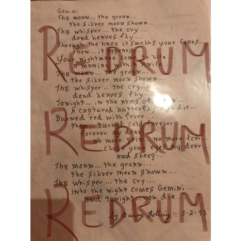 Executed - Danny Rolling handwritten poem written after Christa Hoyt’s murder describing how it was and this was used as evidence against him in 1994